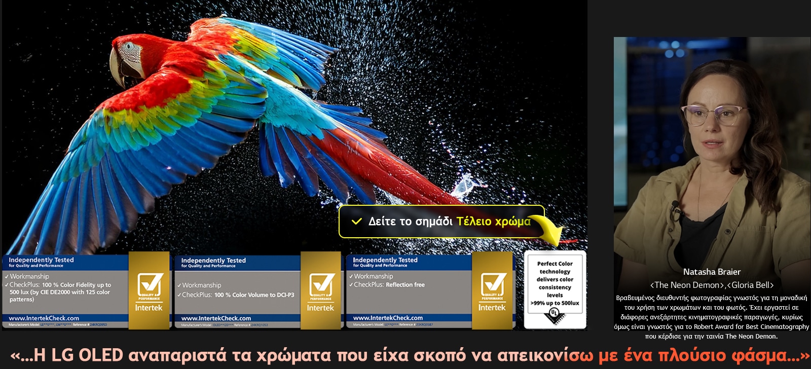 Ένας πολύχρωμος παπαγάλος σε εξαιρετική υψηλή ευκρίνεια μπροστά από ένα μαύρο φόντο. Σταγόνες νερού αιωρούνται γύρω του. Η εικόνα δείχνει το Perfect Color καθώς κάθε διαφορετική απόχρωση στο σώμα του παπαγάλου είναι ζωντανή και ζωηρή. Το σκοτεινό φόντο με τις λεπτομερείς πιτσιλιές νερού αναδεικνύει επίσης την απουσία αντανάκλασης της οθόνης. Φαίνονται διαφορετικές πιστοποιήσεις λογοτύπου από τις UL και Intertek. Αυτές αναφέρονται στην 100% Πιστότητα χρώματος, την 100% Ένταση χρώματος και τη δήλωση απουσίας αντανάκλασης. Το κείμενο είναι επίσης ορατό, δείτε το σημάδι πιστοποίησης Perfect Color.