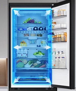Ψυγειοκαταψύκτης LG πλήρως ανοιχτός με το επάνω τμήμα του ψυγείου να δείχνει τρόφιμα σε συρτάρια, με μπλε επικαλύψεις και βέλη που αναδεικνύουν τον ευρύχωρο εσωτερικό χώρο.