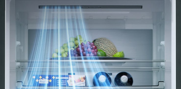 Ψυγειοκαταψύκτης LG -  εσωτερική όψη με ράφια γεμάτα φρούτα, λαχανικά, ποτά και σνακ με μπλε γραμμές ροής αέρα από την αριστερή πλευρά