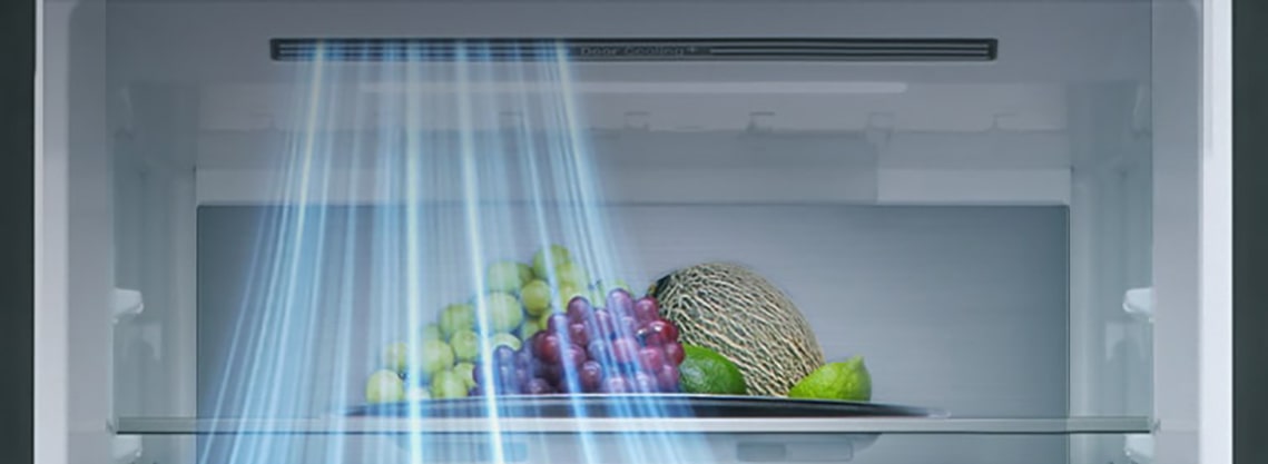Ψυγειοκαταψύκτης LG -  εσωτερική όψη με ράφια γεμάτα φρούτα, λαχανικά, ποτά και σνακ με μπλε γραμμές ροής αέρα από την αριστερή πλευρά