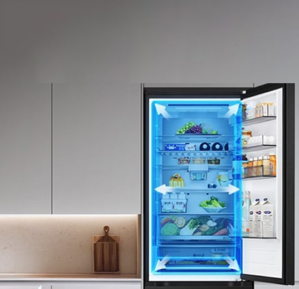 Ψυγειοκαταψύκτης LG πλήρως ανοιχτός με το επάνω τμήμα του ψυγείου να δείχνει τρόφιμα σε συρτάρια, με μπλε επικαλύψεις και βέλη που αναδεικνύουν τον ευρύχωρο εσωτερικό χώρο.