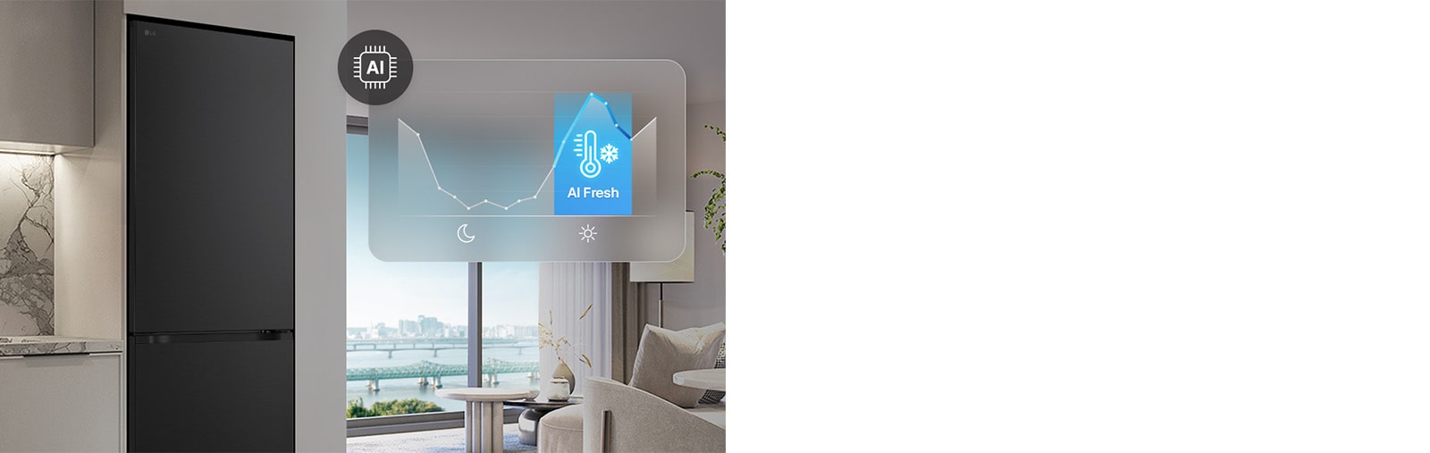 LG ψυγειοκαταψύκτης δίπλα σε ανοιχτα γκρι ντουλάπια σε χώρο διαβίωσης με θέα στο ποτάμι, με επικάλυψη γραφήματος και εικονίδιο AI Fresh.