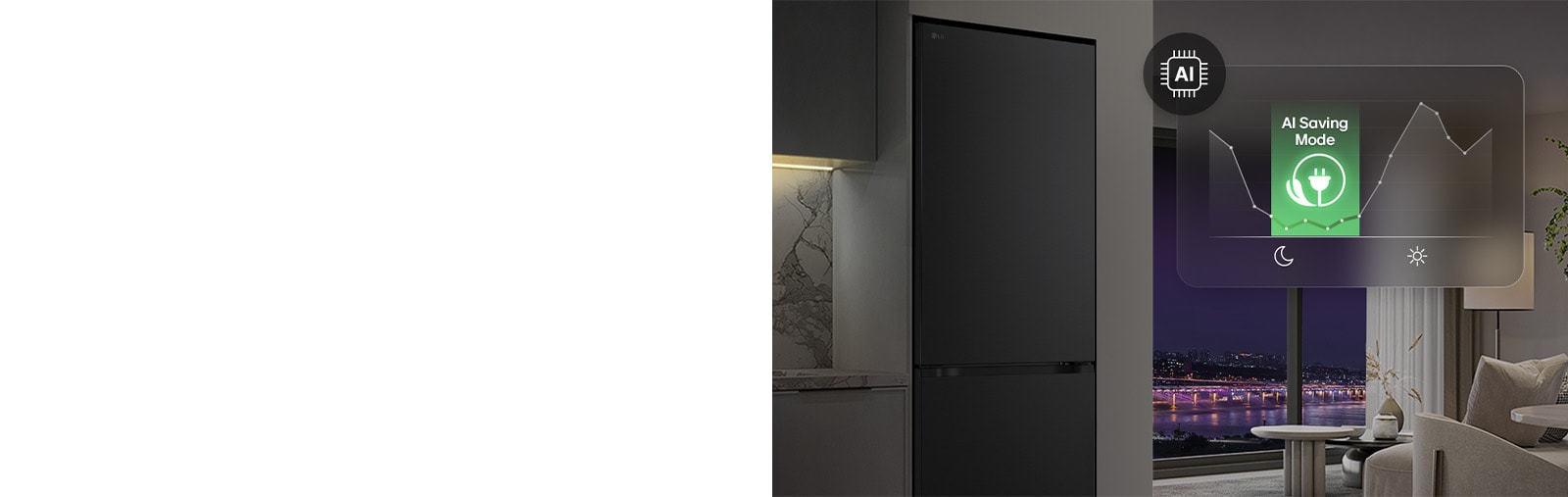LG bottom freezer σε χώρο διαβίωσης με νυχτερινή θέα πόλης, με επικάλυψη γραφικού λειτουργίας AI Saving Mode και γράφημα διακυμάνσεων κατανάλωσης ενέργειας.