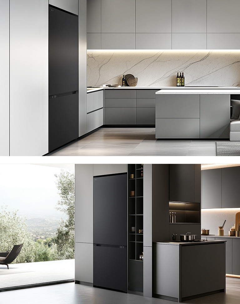LG bottom freezer τοποθετημένο αριστερά σε γκρι ντουλάπια με μαρμάρινη πλάτη και δεξιά σε σκούρα ντουλάπια δίπλα σε ράφια και σκεύη κουζίνας.