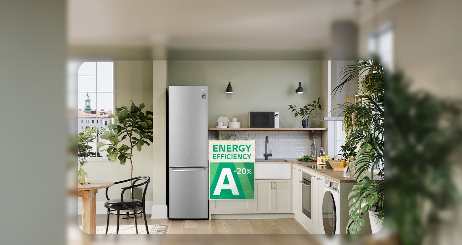 Εικόνα κουζίνας με ψυγείο και το σήμα της ενεργειακής απόδοσης.