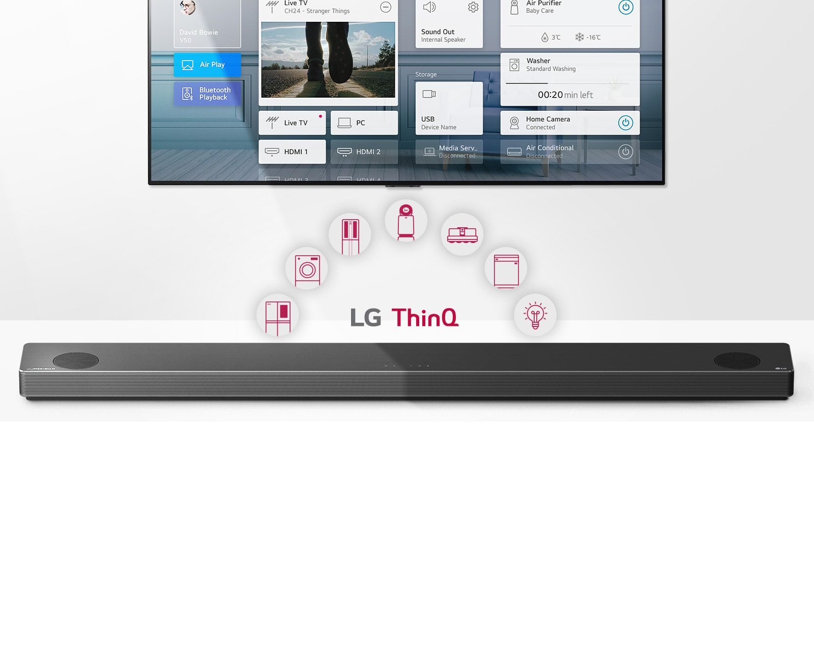 Κοντινό του LG Sound Bar με το λογότυπο της LG στην κάτω δεξιά γωνία. Το λογότυπο Hi-Res φαίνεται κάτω από το προϊόν. 