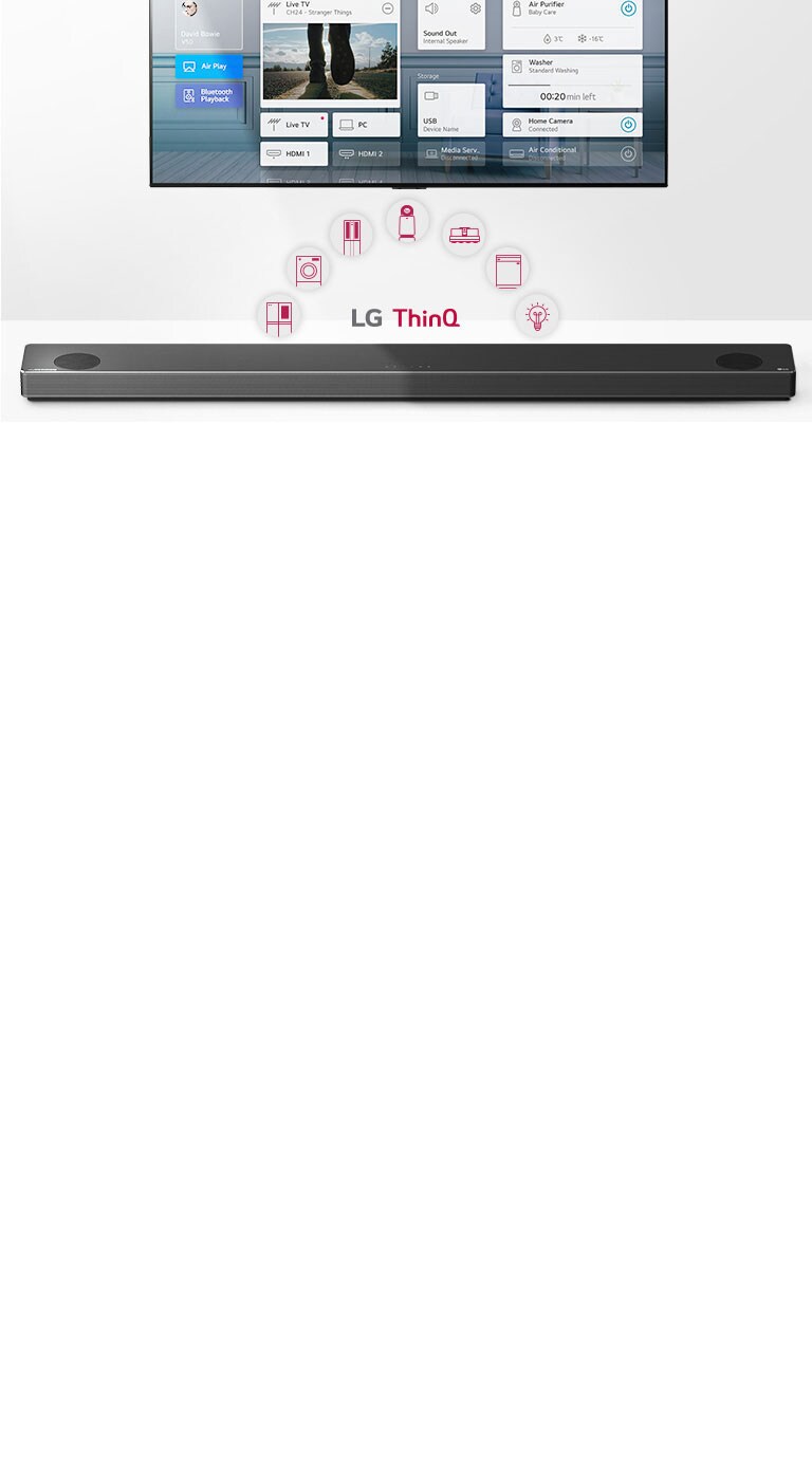 Κοντινό του LG Sound Bar με το λογότυπο της LG στην κάτω δεξιά γωνία. Το λογότυπο Hi-Res φαίνεται κάτω από το προϊόν. 