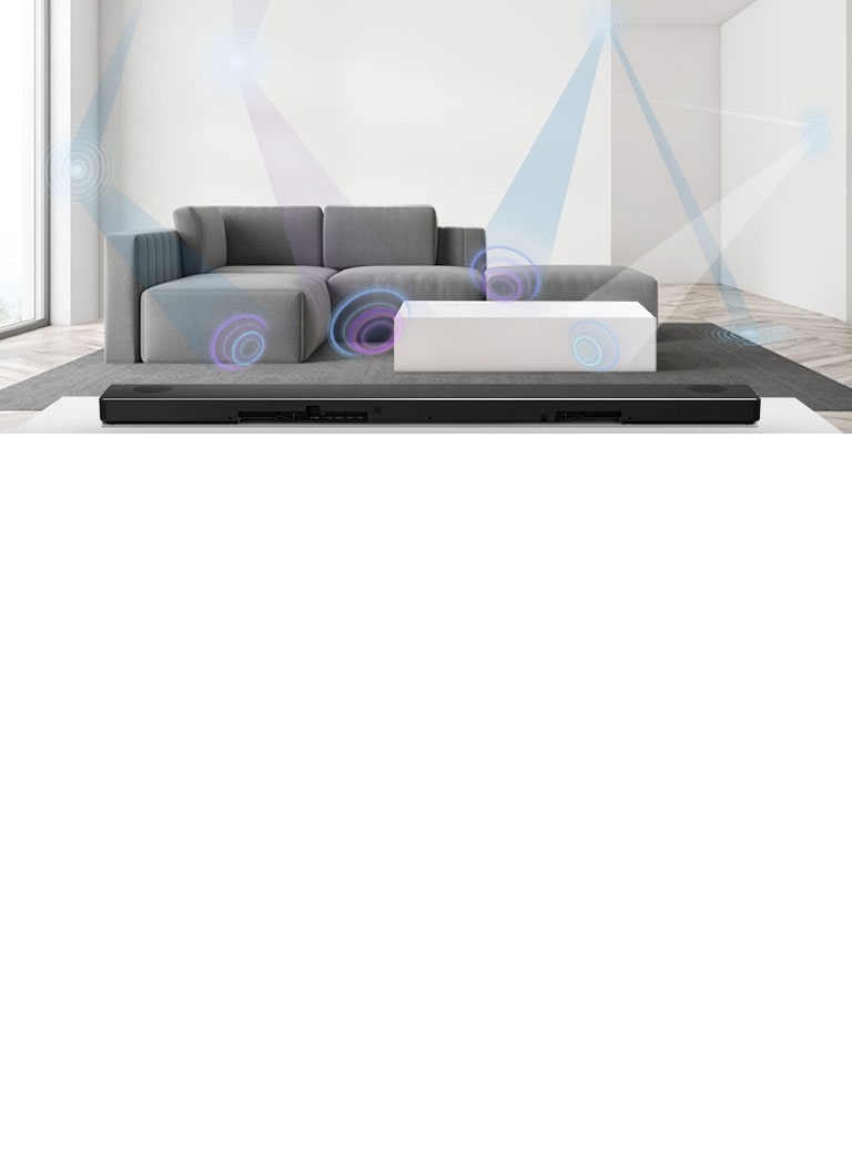 Το πίσω μέρος του LG SoundBar σε σαλόνι με γκρίζο καναπέ στο κέντρο. Γραφική απεικόνιση του μήκους κύματος που μετρά το χώρο.