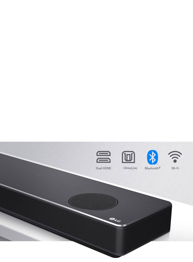 Κοντινό του LG Sound Bar με το λογότυπο της LG κάτω δεξιά. Τα εικονίδια συνδεσιμότητας φαίνονται επάνω από το προϊόν.