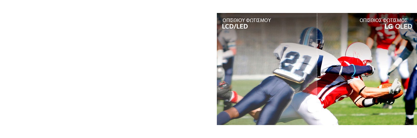 Μια σκηνή από ένα ποδοσφαιρικό αγώνα, η μισή σε τηλεόραση LCD/LED TV με θολή εικόνα και η άλλη μισή σε τηλεόραση LG OLED TV με κρυστάλλινη εικόνα