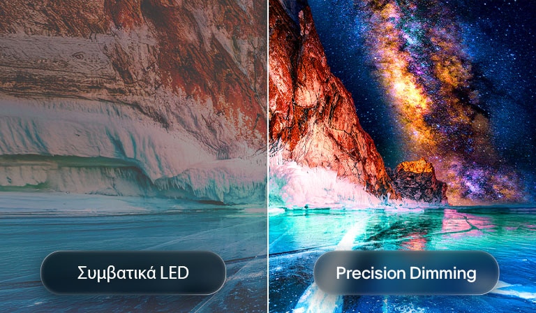 Η LG Mini RGB evo AI MRGB85 αναδεικνύει το Precision Dimming μέσω μιας χωρισμένης εικόνας, συγκρίνοντας τη συμβατική LED στα αριστερά με βαθύτερα μαύρα και βελτιωμένη ευκρίνεια αντίθεσης στα δεξιά, με την υποστήριξη του επεξεργαστή alpha 8 AI Processor.