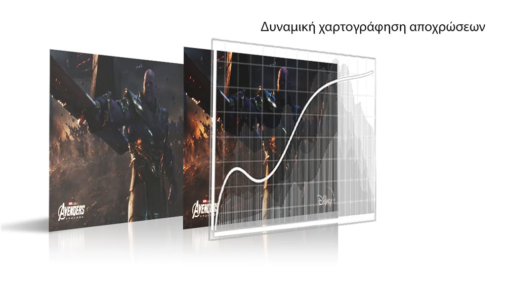 Μια οθόνη στην οποία φαίνεται μια σκηνή της ταινίας "Εκδικητές: Η τελευταία πράξη". Παρακάτω, ένα διάγραμμα δείχνει δύο στιγμιότυπα της παραπάνω εικόνας, τα οποία είναι χωρισμένα για να φανεί η αντίθεση.