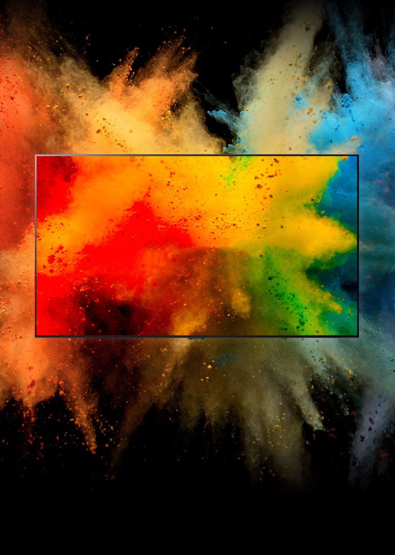 Μια LG QNED σε ένα σκοτεινό δωμάτιο. Οι βαμμένες σκόνες δημιουργούν μια έκρηξη χρωμάτων ουράνιου τόξου στην τηλεόραση.