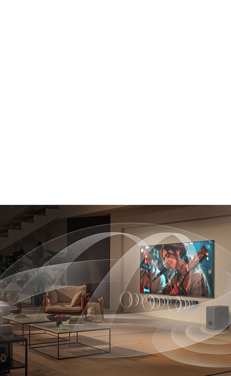 Σαλόνι με μια LG NanoCell TV και ένα LG Soundbar με γραφικά που αναπαριστάνουν πώς αμφότερες οι συσκευές γεμίζουν τον χώρο με ήχο multi-surround.