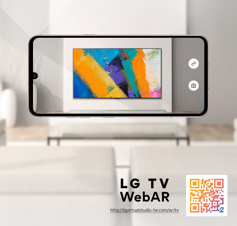 Αυτή είναι μια εικόνα προσομοίωσης Web AR της LG OLED TV. Οι εικόνες του κινητού τηλεφώνου επικαλύπτονται σε έναν μινιμαλιστικό χώρο. Υπάρχει ένας κωδικός QR στην κάτω δεξιά πλευρά.