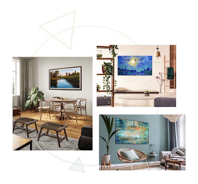 Τρεις τηλεοράσεις Gallery Design με μια βάση ως έργα τέχνης σε οποιοδήποτε μέρος