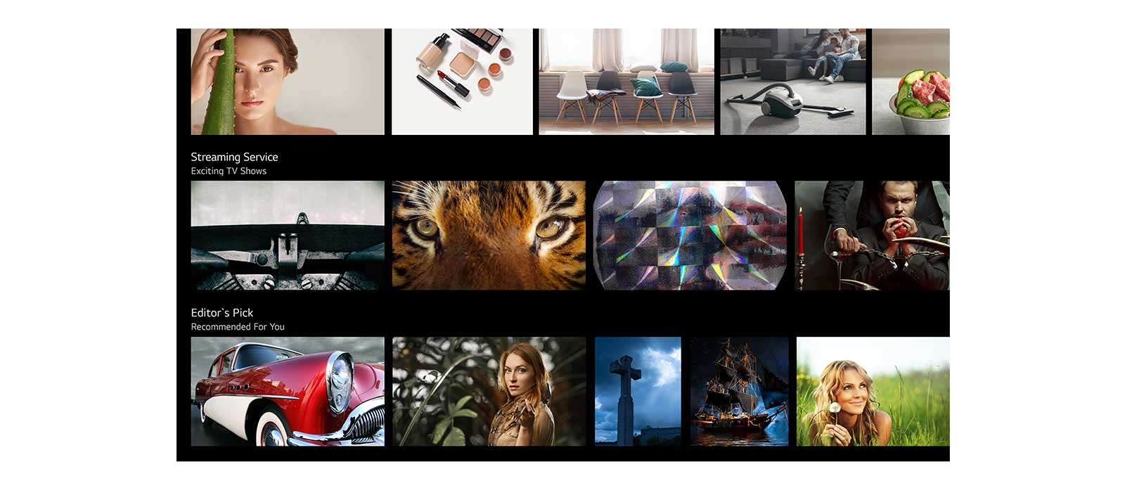 Μια οθόνη τηλεόρασης που δείχνει ποικίλο περιεχόμενο που προτείνει το LG AI ThinQ