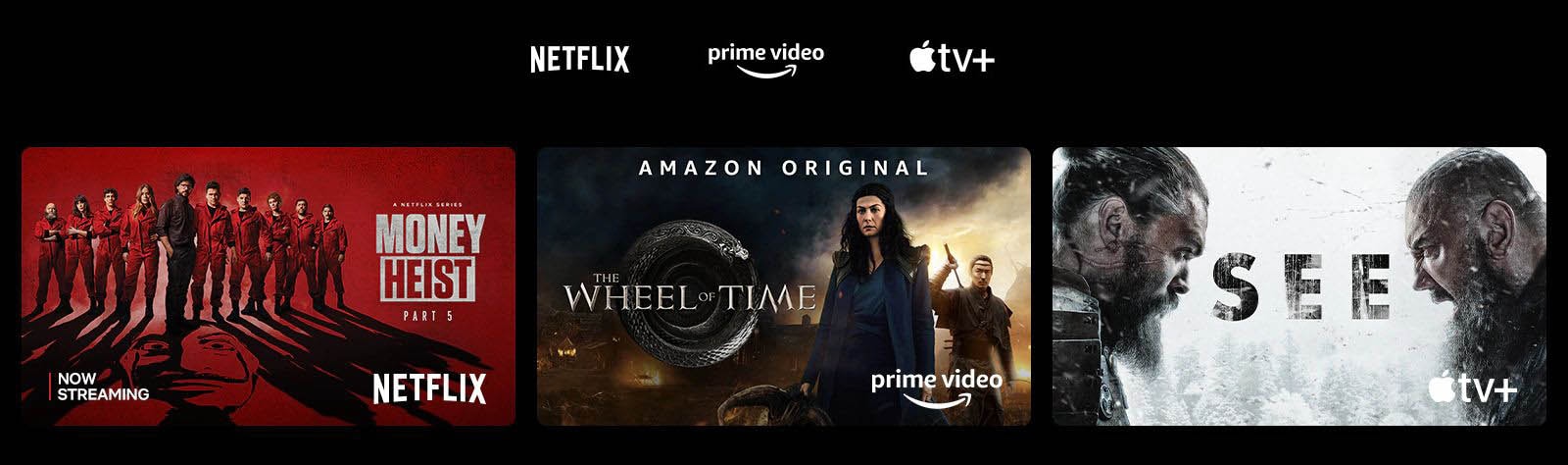 Μια αφίσα με τις σειρές "Η τέλεια ληστεία" του Netflix, "The Wheel of Time" του Prime Video και "See" του Apple TV Plus.