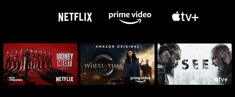 Μια αφίσα με τις σειρές "Η τέλεια ληστεία" του Netflix, "The Wheel of Time" του Prime Video και "See" του Apple TV Plus.