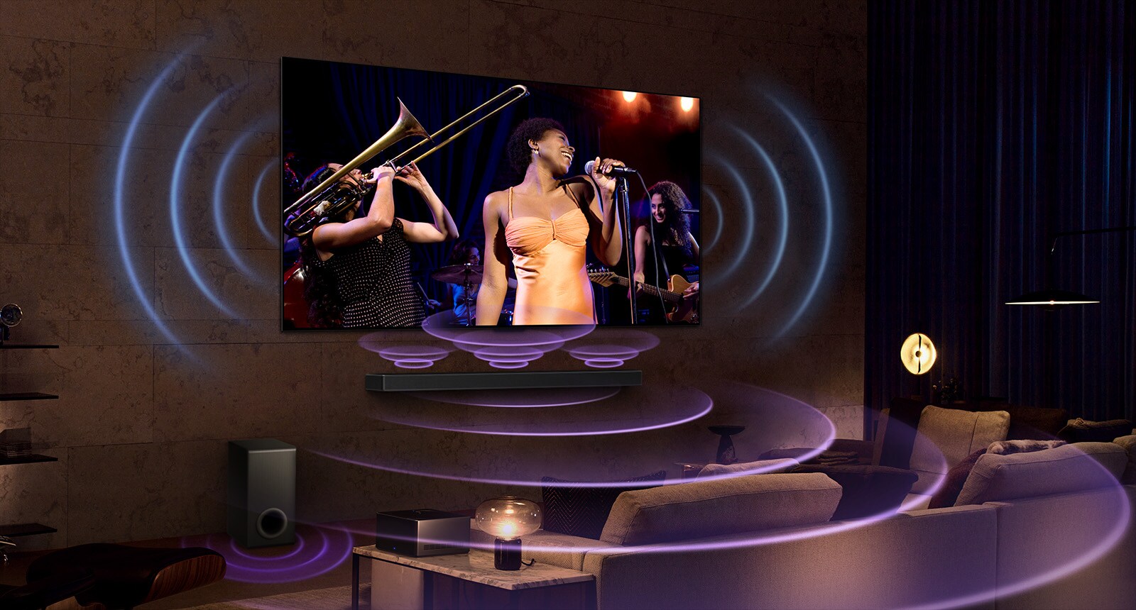 Εικόνα LG OLED TV σε ένα δωμάτιο που προβάλει μια μουσική συναυλία. Οι μπλε καμπύλες γραμμές που απεικονίζουν ήχο τηλεόρασης και οι μωβ καμπύλες γραμμές που αντιπροσωπεύουν τον ήχο του Soundbar γεμίζουν τον χώρο. 