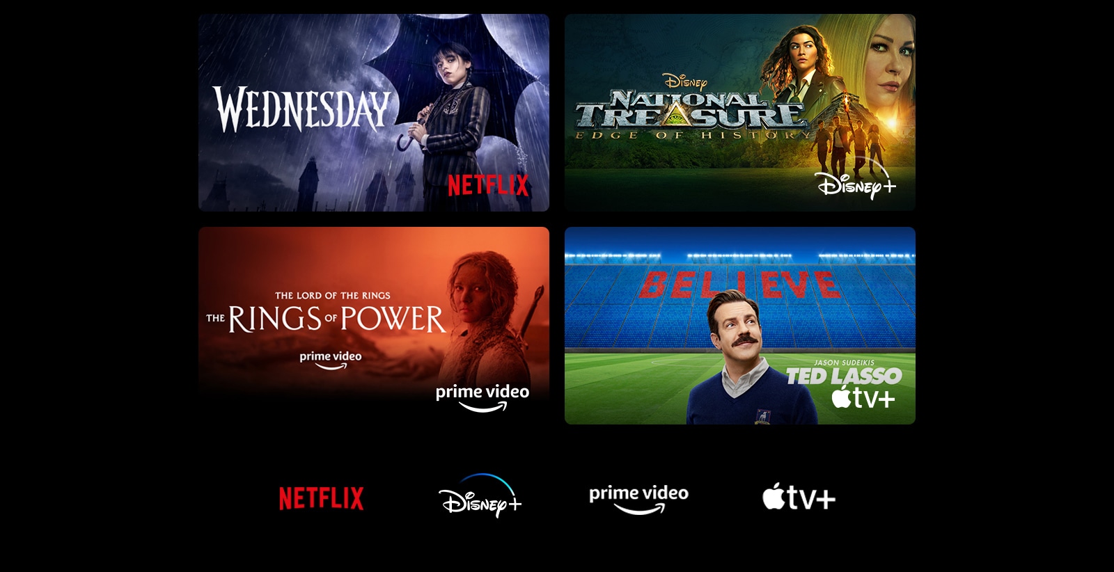 Αφίσα με τις σειρές Wednesday από το Netflix, National Treasure από το Disney+, The Rings of Power από το Prime Video και Ted Lasso από το Apple TV Plus.