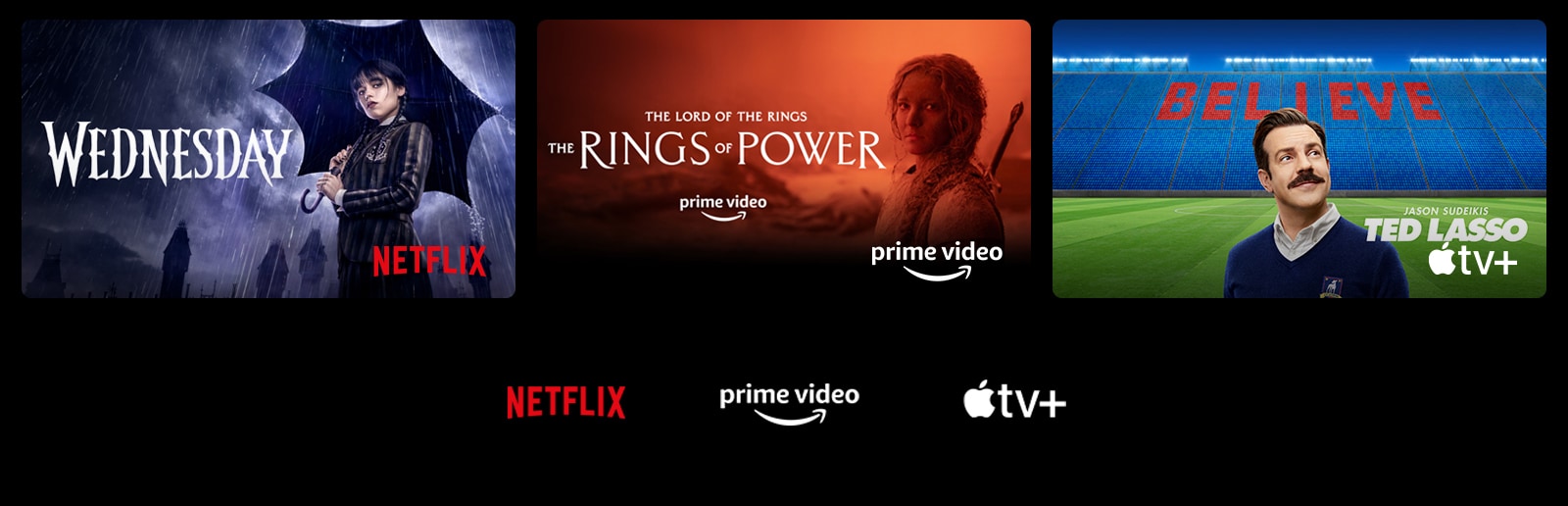 Αφίσα με τις σειρές Wednesday από το Netflix, National Treasure από το Disney+, The Rings of Power από το Prime Video και Ted Lasso από το Apple TV Plus.