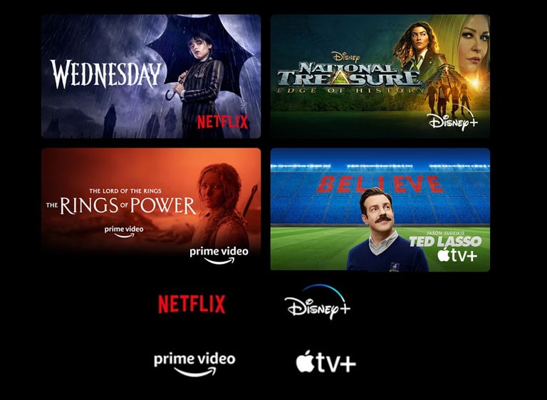 Αφίσα με τις σειρές Wednesday από το Netflix, National Treasure από το Disney+, The Rings of Power από το Prime Video και Ted Lasso από το Apple TV Plus.