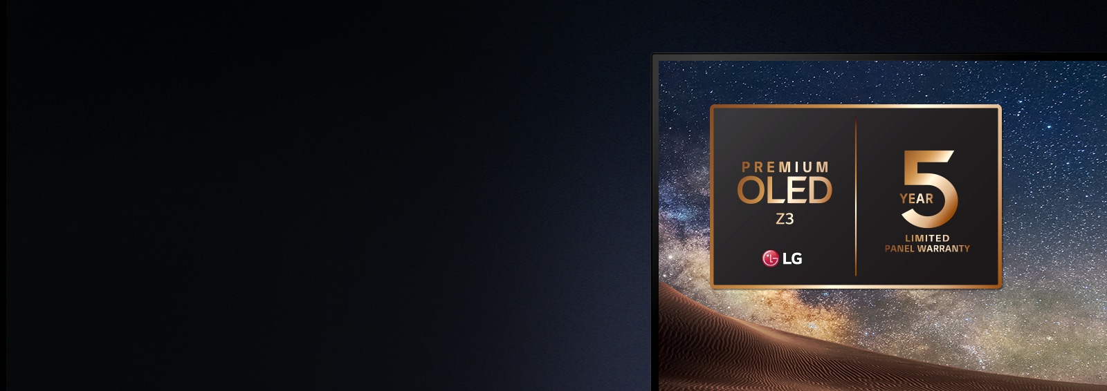 Το Βόρειο Σέλας απεικονίζεται σε μια τηλεόραση LG OLED. Η επάνω γωνία της τηλεόρασης απεικονίζεται σε μαύρο φόντο, όπου συνεχίζεται μια διαβάθμιση που μοιάζει με ουρανό. Στην οθόνη της τηλεόρασης εμφανίζεται επίσης το λογότυπο της 5ετούς εγγύησης πάνελ.