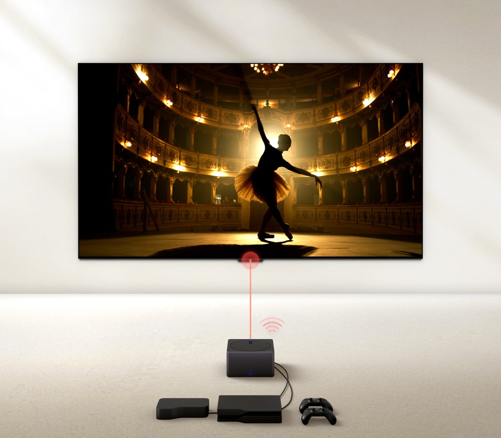 Η LG OLED evo M4 από ψηλή γωνία με πολλαπλές κονσόλες και συσκευές συνδεδεμένες σε αυτήν με καλώδια που φαίνονται ακατάστατα πριν χαθεί η εικόνα. Το Zero Connect Box εμφανίζεται σιγά-σιγά με τακτοποιημένες συσκευές και κονσόλες πίσω του, ένα κόκκινο σήμα Wi-Fi εμφανίζεται και μια κόκκινη δέσμη εκπέμπεται προς την τηλεόραση καθώς η προοπτική μετατοπίζεται προς τα κάτω για να δείξει μια πλήρη όψη της τηλεόρασης.