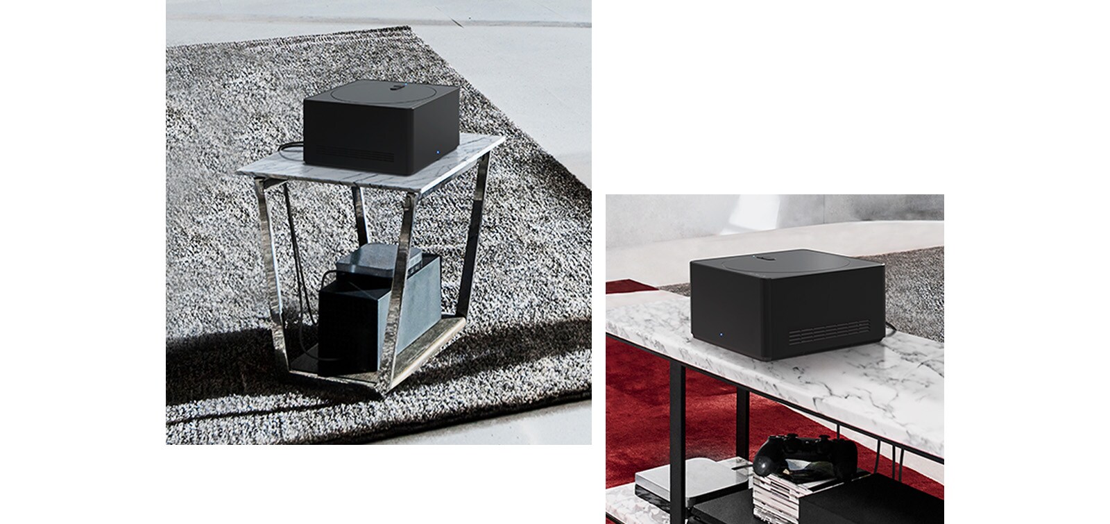 Τρεις εικόνες δείχνουν ένα Zero Connect Box. Η πρώτη δείχνει ένα καλώδιο συνδεδεμένο στο Zero Connect Box. Η δεύτερη δείχνει ένα Zero Connect Box πάνω σε ένα μικρό τραπέζι με συσκευές από κάτω. Η τρίτη δείχνει ένα Zero Connect Box πάνω σε ένα μεγάλο τραπέζι με συσκευές και κονσόλες από κάτω.