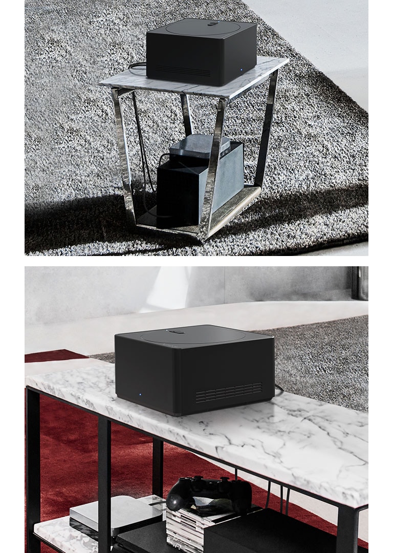 Τρεις εικόνες δείχνουν ένα Zero Connect Box. Η πρώτη δείχνει ένα καλώδιο συνδεδεμένο στο Zero Connect Box. Η δεύτερη δείχνει ένα Zero Connect Box πάνω σε ένα μικρό τραπέζι με συσκευές από κάτω. Η τρίτη δείχνει ένα Zero Connect Box πάνω σε ένα μεγάλο τραπέζι με συσκευές και κονσόλες από κάτω.