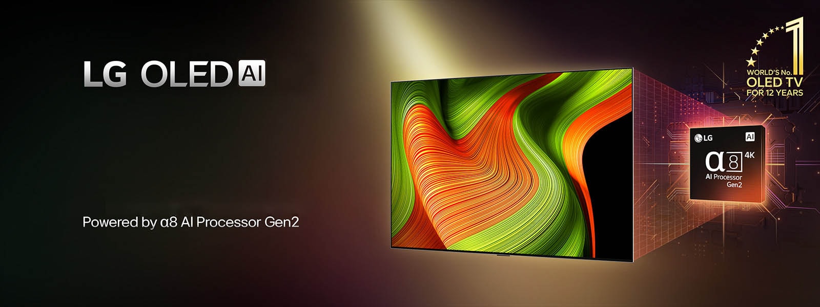Στην οθόνη μιας LG OLED evo AI TV βρίσκεται μια αφηρημένη εικόνα με μια εντυπωσιακή λεπτομέρεια, χρώμα και αντίθεση. Μια μεγεθυμένη έκδοση του alpha 8 AI Processor Gen2 βρίσκεται πίσω από την τηλεόραση. Λάμπει με φως που φωτίζει τα κυκλώματα microchip γύρω του. Ο τίτλος είναι LG OLED evo AI. Υπάρχει επίσης το ορατό κείμενο, με την ισχύ του LG alpha 8 AI processor Gen2. Ένα χρυσό λογότυπο με αστέρια βρίσκεται στη γωνία και αναφέρει, world’s number one OLED TV for 12 years.