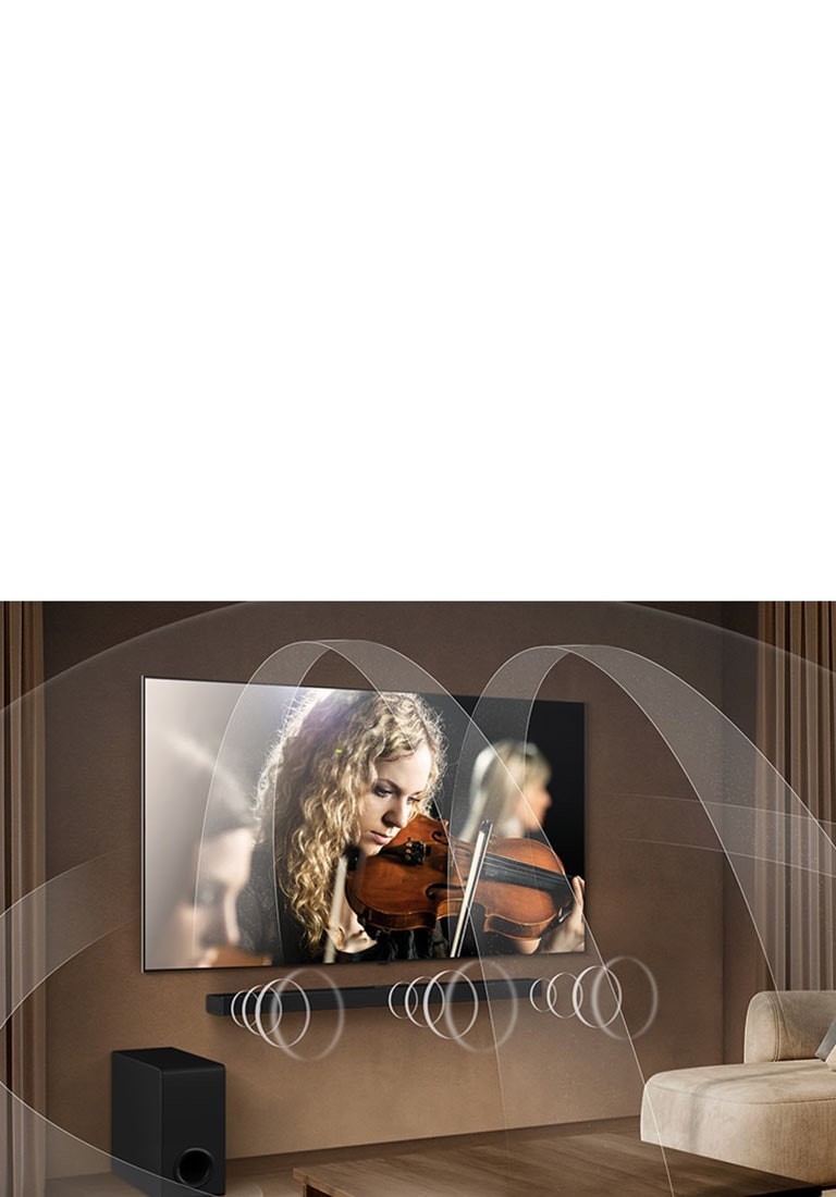 Σαλόνι με μια LG OLED TV και ένα LG Soundbar με γραφικά που αναπαριστάνουν πώς αμφότερες οι συσκευές γεμίζουν τον χώρο με ήχο multi-surround.