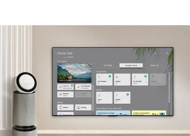 LG TV με το Home Hub στην οθόνη. Το περιβάλλον εργασίας δείχνει το Google Home, το ThinQ και άλλο IoT που παρουσιάζει πώς μπορείτε να διαχειριστείτε εύκολα όλες τις έξυπνες συσκευές σας στην τηλεόρασή σας.