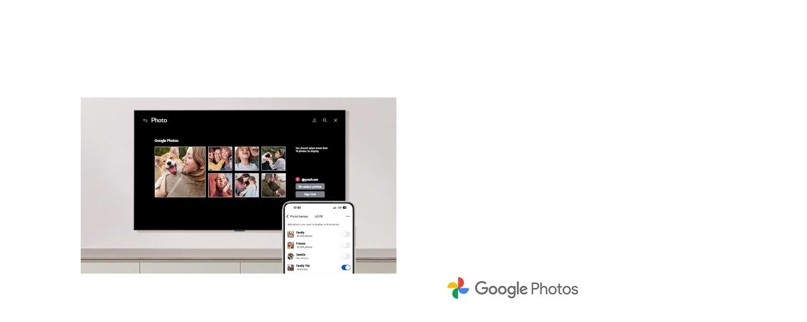 Συνδέστε εύκολα τον λογαριασμό σας Google Photos στην τηλεόρασή σας χρησιμοποιώντας μόνο το τηλέφωνό σας. Εξατομικεύστε εύκολα τον χώρο σας χρησιμοποιώντας περιεχόμενο από τη δική σας συλλογή φωτογραφιών.