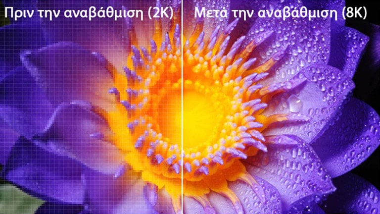 Η εικόνα ενός λουλουδιού στην αρχική ανάλυση 2K στα αριστερά και αναβαθμισμένο σε ανάλυση 8K, στα δεξιά.