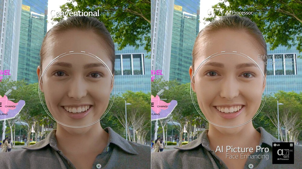 Υπάρχει ένα κοντινό πλάνο του προσώπου μιας γυναίκας στα αριστερά και στα δεξιά. Η αριστερή εικόνα του προσώπου της γυναίκας φαίνεται πιο σκοτεινή και λιγότερο ευκρινής ενώ η δεξιά φαίνεται πιο φωτεινή και καθαρή. 