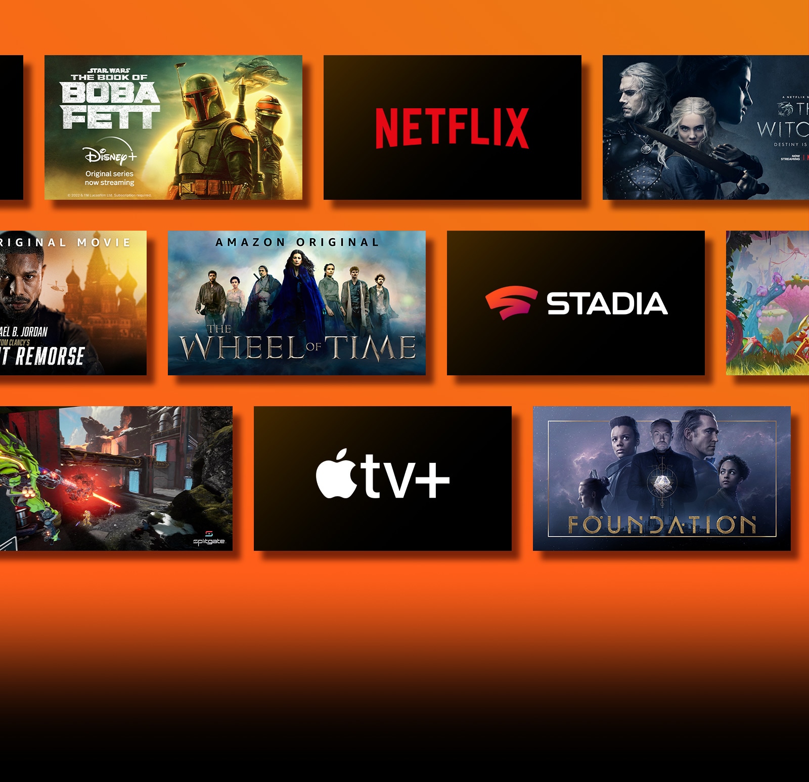 Λογότυπα των πλατφορμών υπηρεσιών streaming και αντίστοιχο υλικό ακριβώς δίπλα σε κάθε λογότυπο. Λογότυπο του Netflix με τις σειρές "Η τέλεια ληστεία" και "Ο γητευτής". Λογότυπο του Stadia με τα "Journey to the Savage Planet" και "The Legend of Heroes: Trails of Cold Steel III." Λογότυπο του Prime Video με τα "Without Remorse" και "The Wheel of Time". Λογότυπο του Livenow με εικόνες teaser των "mamamoo" και "OneUs". Λογότυπο του NVIDIA Geforce Now και εικόνες από τα παιχνίδια Cyberpunk 2077 και Splitgate. Λογότυπο του Apple TV plus με τα "Foundation" και "Finch". 