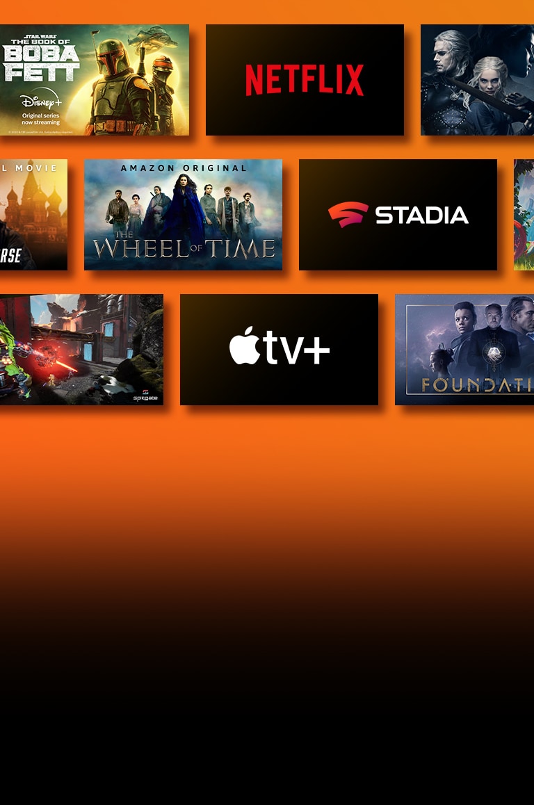 Λογότυπα των πλατφορμών υπηρεσιών streaming και αντίστοιχο υλικό ακριβώς δίπλα σε κάθε λογότυπο. Λογότυπο του Netflix με τις σειρές "Η τέλεια ληστεία" και "Ο γητευτής". Λογότυπο του Stadia με τα "Journey to the Savage Planet" και "The Legend of Heroes: Trails of Cold Steel III." Λογότυπο του Prime Video με τα "Without Remorse" και "The Wheel of Time". Λογότυπο του Livenow με εικόνες teaser των "mamamoo" και "OneUs". Λογότυπο του NVIDIA Geforce Now και εικόνες από τα παιχνίδια Cyberpunk 2077 και Splitgate. Λογότυπο του Apple TV plus με τα "Foundation" και "Finch". 