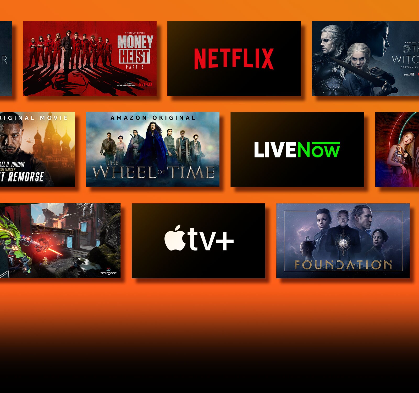 Λογότυπα των πλατφορμών υπηρεσιών streaming και αντίστοιχο υλικό ακριβώς δίπλα σε κάθε λογότυπο. Λογότυπο του Netflix με τις σειρές "Η τέλεια ληστεία" και "Ο γητευτής". Λογότυπο του Prime Video με τα "Without Remorse" και "The Wheel of Time". Λογότυπο του Livenow με εικόνες teaser των "mamamoo" και "OneUs". Λογότυπο του NVIDIA Geforce Now και εικόνες από τα παιχνίδια Cyberpunk 2077 και Splitgate. Λογότυπο του Apple TV plus με τα "Foundation" και "Finch". 