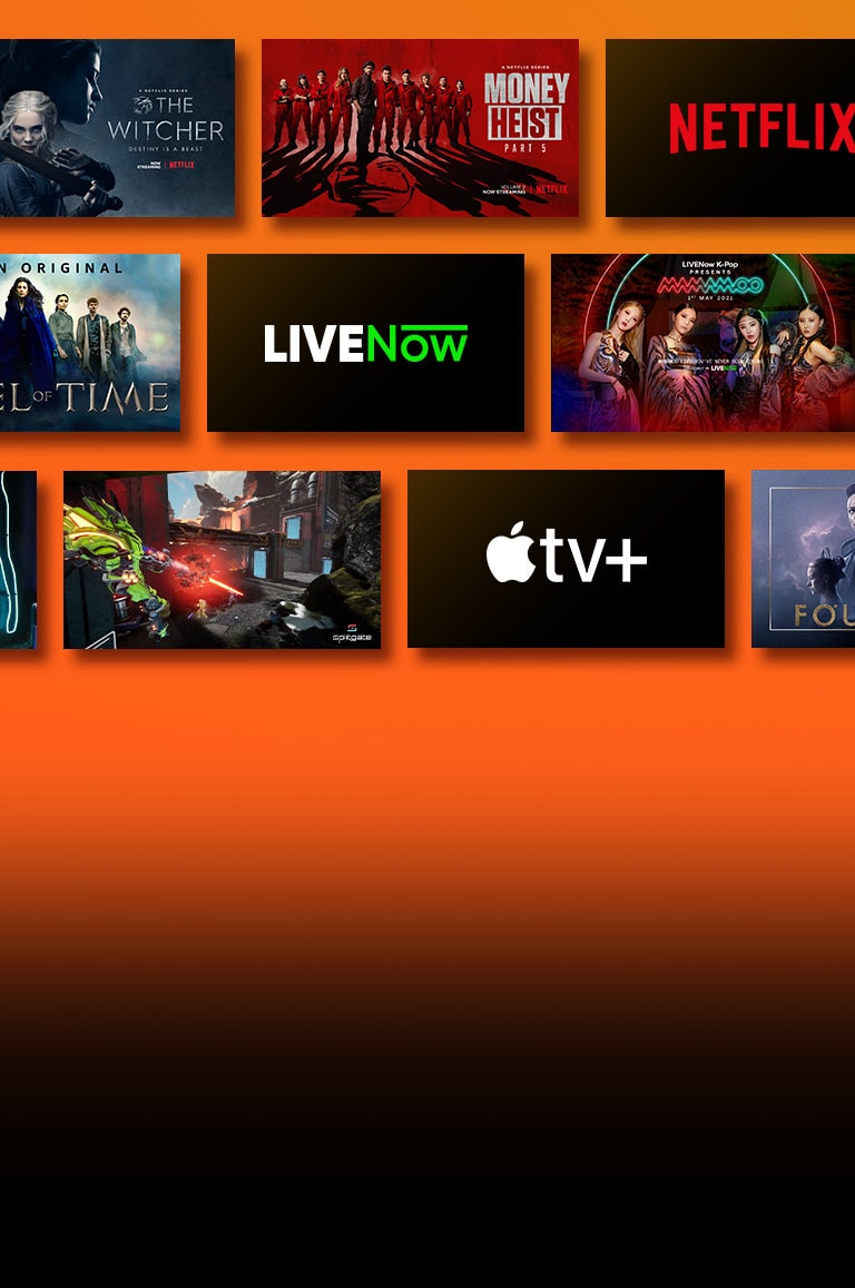 Λογότυπα των πλατφορμών υπηρεσιών streaming και αντίστοιχο υλικό ακριβώς δίπλα σε κάθε λογότυπο. Λογότυπο του Netflix με τις σειρές "Η τέλεια ληστεία" και "Ο γητευτής". Λογότυπο του Prime Video με τα "Without Remorse" και "The Wheel of Time". Λογότυπο του Livenow με εικόνες teaser των "mamamoo" και "OneUs". Λογότυπο του NVIDIA Geforce Now και εικόνες από τα παιχνίδια Cyberpunk 2077 και Splitgate. Λογότυπο του Apple TV plus με τα "Foundation" και "Finch". 