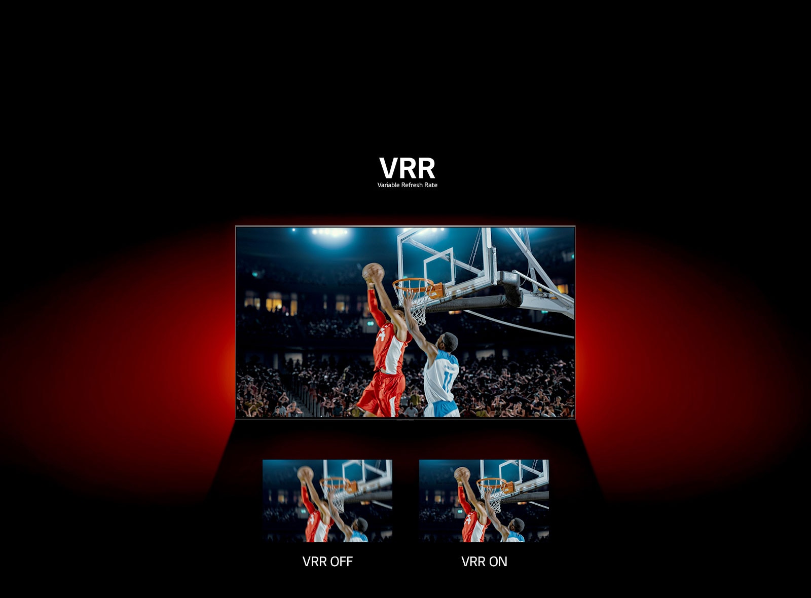 Μια τηλεόραση QNED μπροστά από έναν κόκκινο τοίχο - η εικόνα στην οθόνη δείχνει έναν αγώνα μπάσκετ με δύο παίκτες που παίζουν. Ακριβώς από κάτω, υπάρχουν δύο πλαίσια εικόνας. Στα αριστερά λέει "VRR OFF" και δείχνει μια θολή εικόνα της ίδιας εικόνας και στα δεξιά λέει "VRR ON" και δείχνει την ίδια εικόνα.