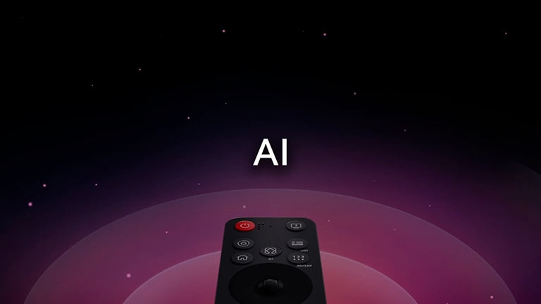 Ένα LG AI Magic Remote μπροστά από ένα αφηρημένο φόντο. Το κουμπί AI επισημαίνεται. Υπάρχει μια γραφική αναπαράσταση του περιβάλλοντος εργασίας χρήστη με εικονίδια του τρόπου με τον οποίο το κουμπί AI επιτρέπει στους χρήστες πρόσβαση σε διαφορετικές λειτουργίες AI. Οι υπηρεσίες περιλαμβάνουν τα AI Voice ID, AI Search, AI Chatbot, AI Concierge, AI Picture Wizard και AI Sound Wizard. Οι λειτουργίες τύπου ποντικιού παρουσιάζονται έπειτα καθώς ο δρομέας εμφανίζεται πάνω από μια διεπαφή, παρουσιάζοντας πώς το τηλεχειριστήριο προσφέρει απλοποιημένους ελέγχους.