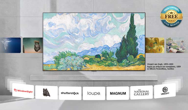 Επιτοίχια τηλεόραση LG TV με ποικιλία περιεχομένου που κάνει κυκλικές παρουσιάσεις στην οθόνη, από κλασικά μέχρι μοντέρνα έργα τέχνης, τρισδιάστατα και πολλά άλλα. Εμφανίζονται επίσης λογότυπα συνεργατών περιεχομένου. Το δωρεάν σήμα στη γωνία λέει δωρεάν περιεχόμενο, έναν μήνα.