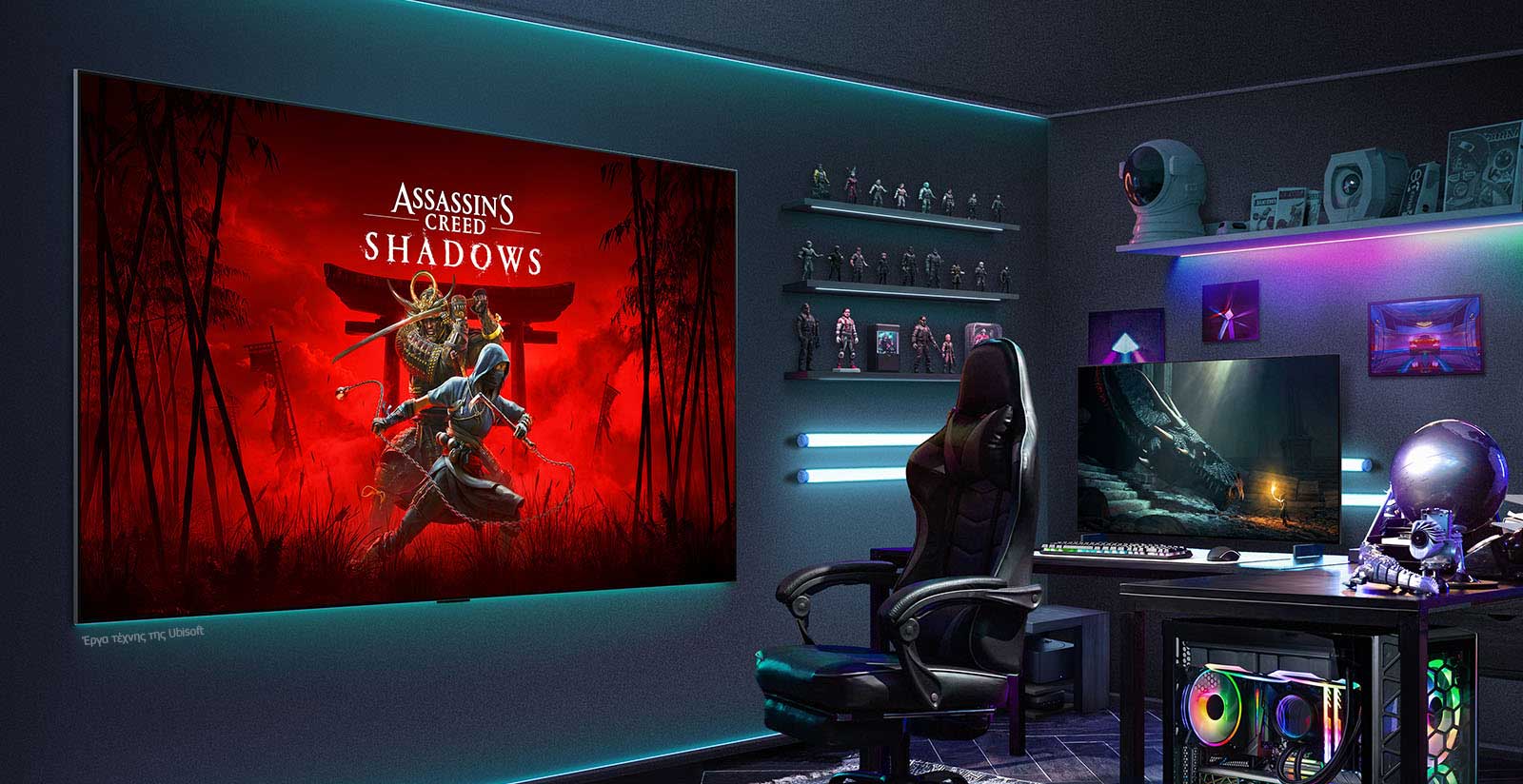 Σε ένα οικιακό δωμάτιο gaming, μια τεράστια LG TV δεσπόζει στον τοίχο. Στην οθόνη υπάρχει εικόνα από το παιχνίδι Assassin's Creed Shadows.