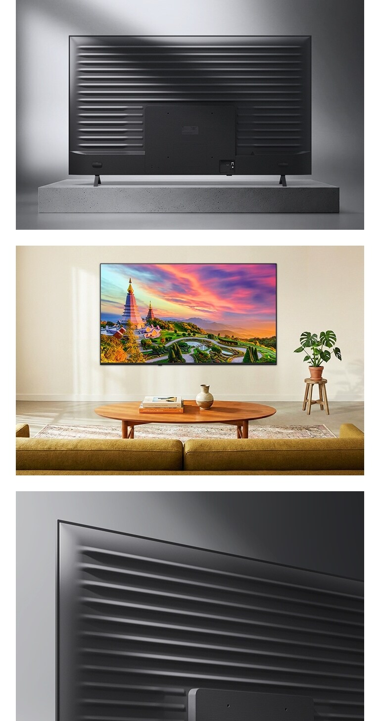 Η LG QNED AI QNED70 Mini LED με Linear Flow Design παρουσιάζεται σε μια προβολή πολλαπλών γωνιών, με ένα πίσω πάνελ στο επάνω μέρος, μια λεπτή επίτοιχη σκηνή σαλονιού κάτω αριστερά και ένα κοντινό πλάνο του αυλακωτού μεταλλικού πίσω μέρους κάτω δεξιά.