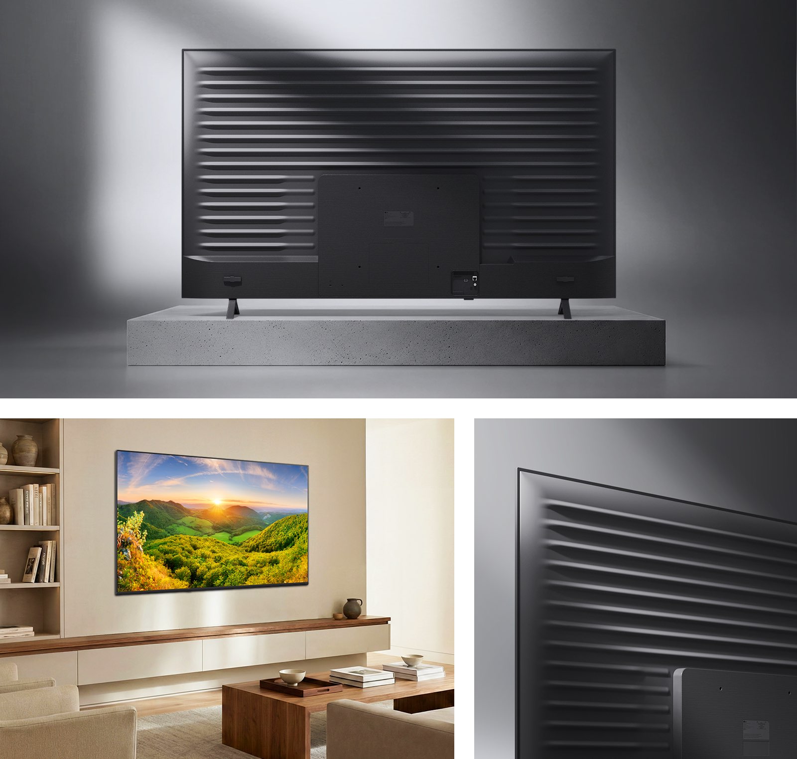 Η LG QNED evo AI Mini LED QNED8M με Linear Flow Design παρουσιάζεται σε προβολή πολλαπλών γωνιών, με ένα πίσω πάνελ να εμφανίζεται στην κορυφή, μια λεπτή σκηνή σαλονιού επιτοίχιας τοποθέτησης κάτω αριστερά και ένα κοντινό πλάνο της ανάγλυφης μεταλλικής πλάτης κάτω δεξιά.