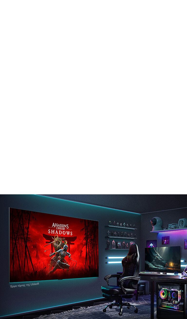 Η LG QNED evo AI Mini LED QNED8M με LG Gallery+ εμφανίζει το έργο τέχνης «Assassin's Creed Shadows» της Ubisoft σε επιτοίχια οθόνη σε ένα σκοτεινό, καθηλωτικό δωμάτιο παιχνιδιών, παρουσιαζόμενο ως μέρος της λειτουργίας προβολής τέχνης της τηλεόρασης.