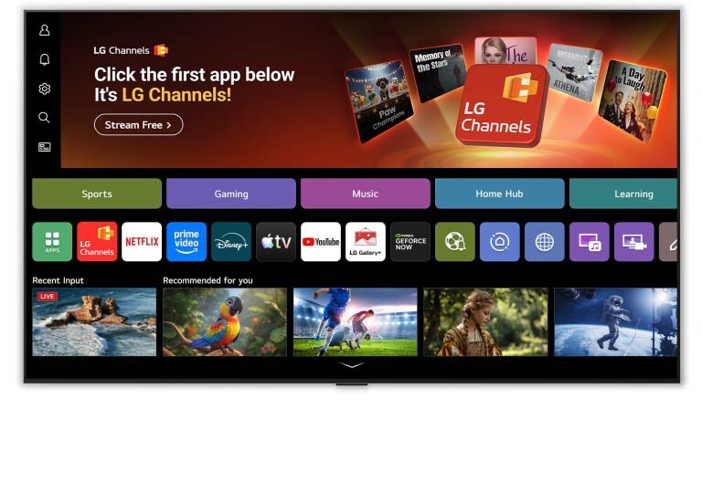 Η αρχική οθόνη του LG QNED evo AI Mini LED QNED8M πλοηγείται στη διεπαφή LG Channels, παρουσιάζοντας δωρεάν ζωντανά τηλεοπτικά κανάλια, ταινίες και αποκλειστικό περιεχόμενο. Το βίντεο αναδεικνύει την άμεση πρόσβαση σε εκατοντάδες επιλογές ψυχαγωγίας.