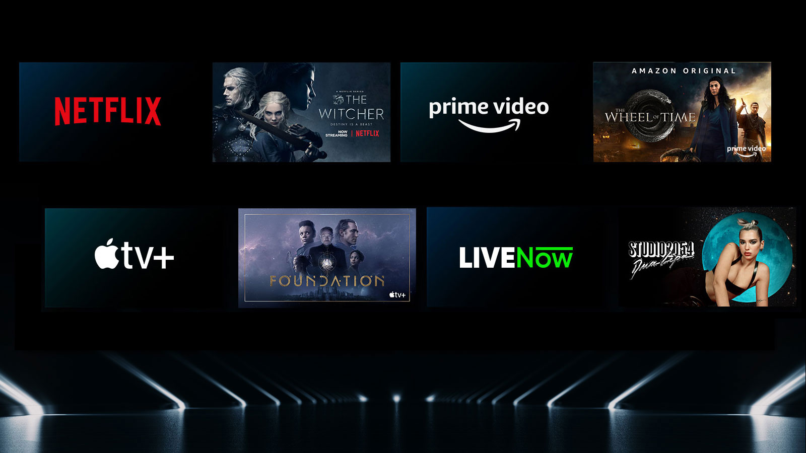 Εικόνα που δείχνει μια ποικιλία υπηρεσιών OTT με τις αντίστοιχες εκπομπές δίπλα σε κάθε λογότυπο.